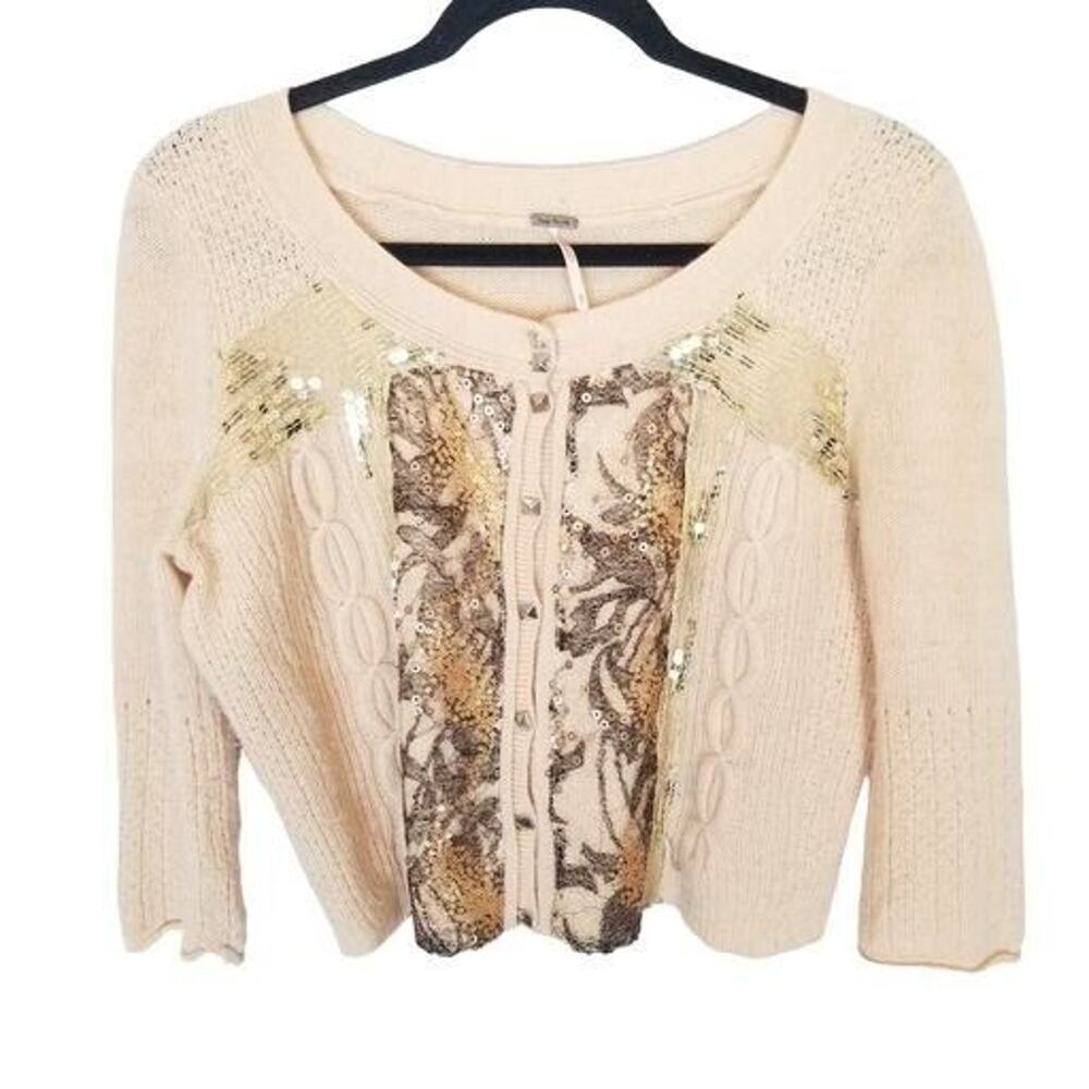 Free People Women Wool Crop Cardigan Sweater Sz S Fairycore Sequin Coquette Boho